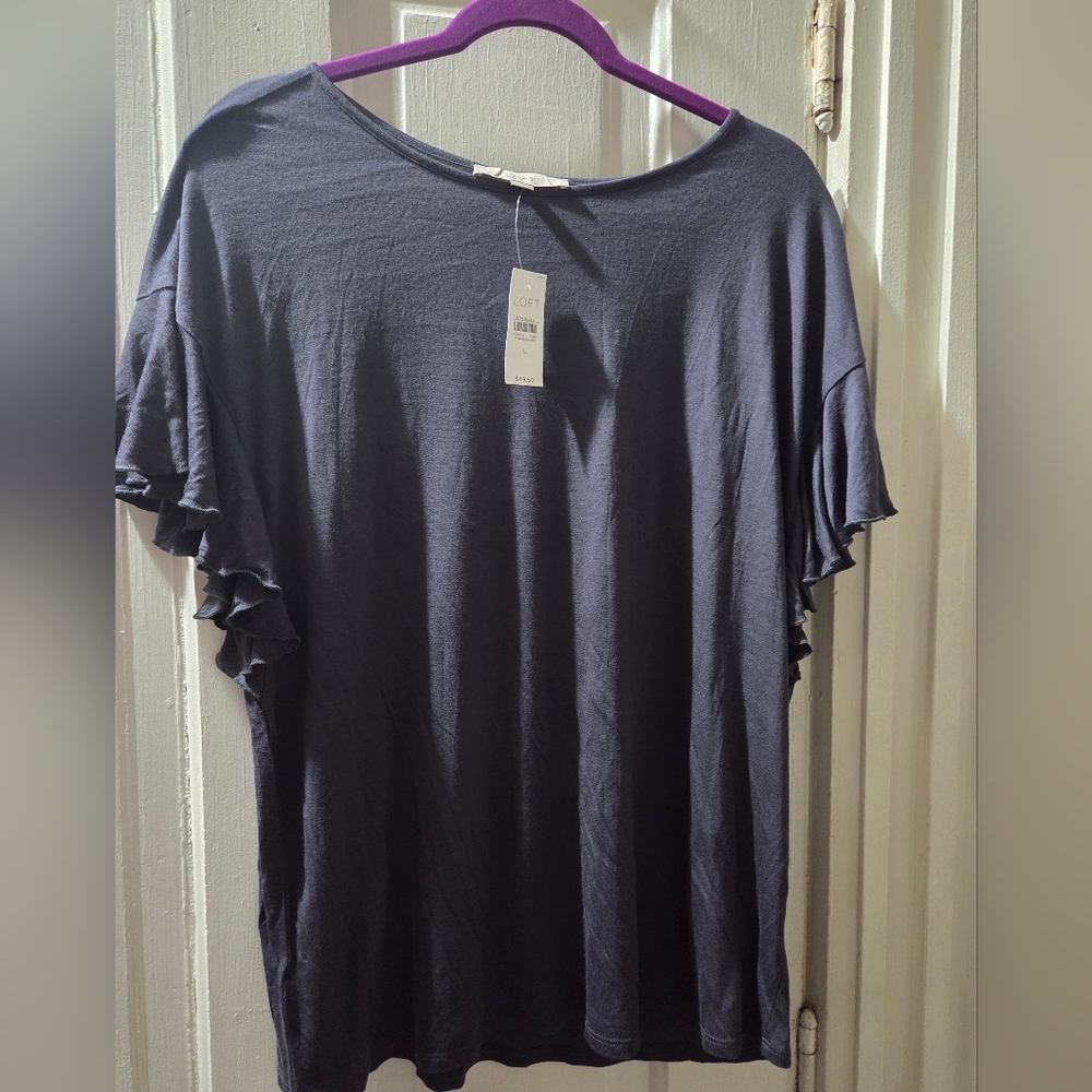 NWT Loft Women's Gray Ruffle Sleeve Top In Size Large